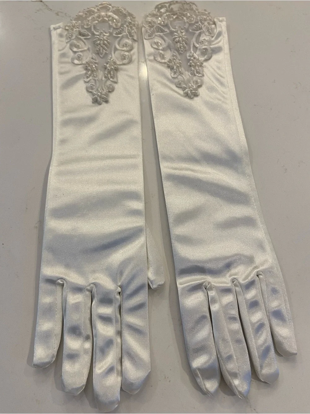 Vintage Bridal Gloves White Satin Elbow Length Stretch w/ Lace Detail NEW